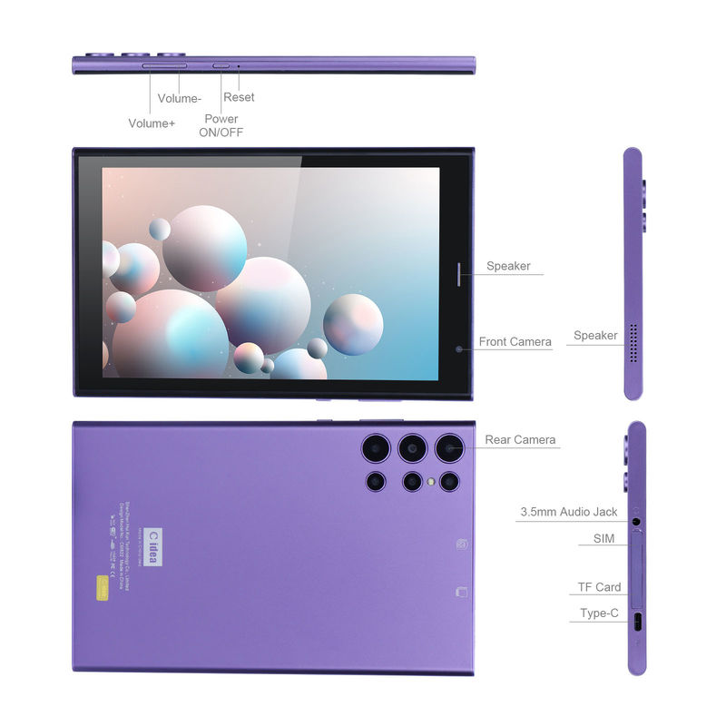 C 아이디어 휴대용 8인치 태블릿 PC 케이스 5000mAh 배터리 수명 듀얼 카메라 5MP+8MP 심 카드 슬롯 보라색