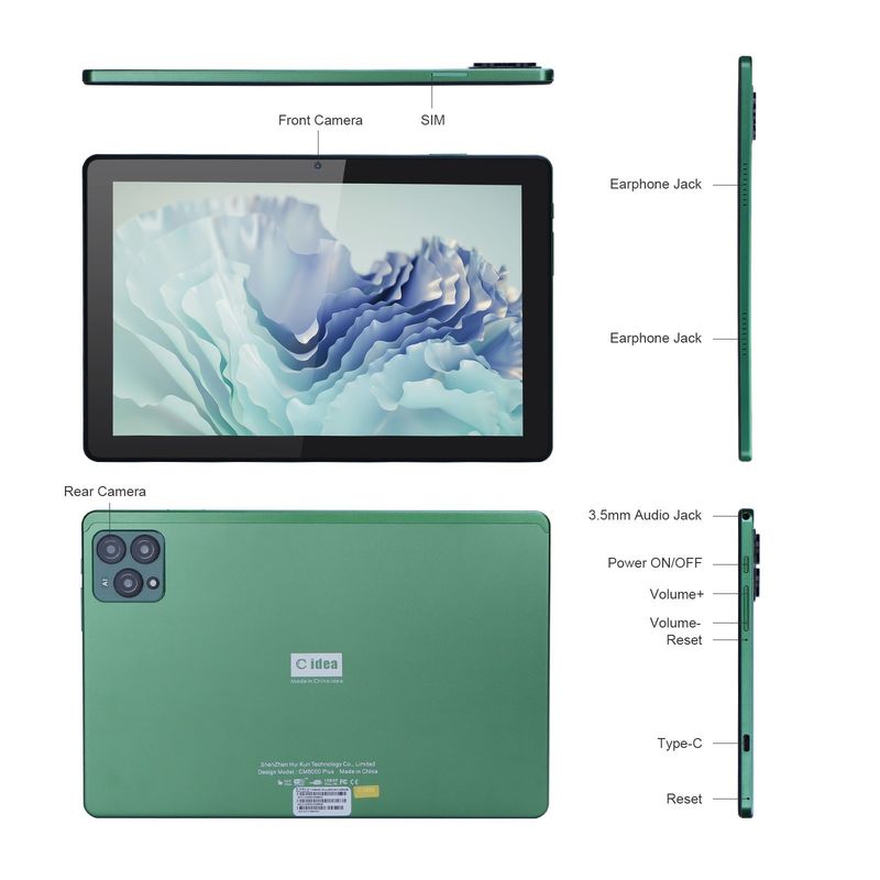 C 아이디어 10인치 태블릿 PC 13MP + 16MP 카메라와 256GB 확장 메모리 고화질 IPS 디스플레이 CM8000 플러스