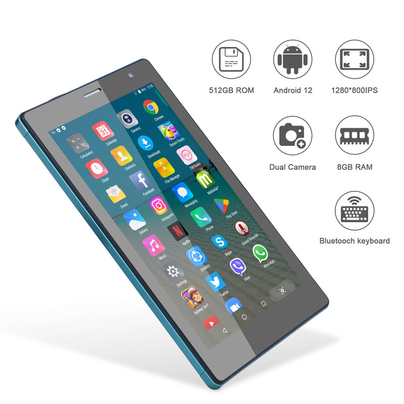C 아이디어 7인치 안드로이드 스마트 태블릿 8+512GB 쿼드 코어 와이파이 태블릿 HD 터치 스크린 CM513 (블루)