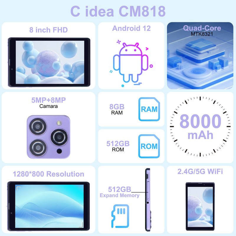 C 아이디어 휴대용 8 안드로이드 태블릿 PC 8GB 램 512 GB 안드로이드 12 태블릿 IPS HD 디스플레이 쿼드 코어 CM818 보라색