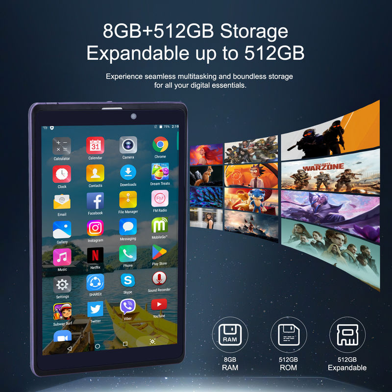 C 아이디어 휴대용 8 안드로이드 태블릿 PC 8GB 램 512 GB 안드로이드 12 태블릿 IPS HD 디스플레이 쿼드 코어 CM818 보라색