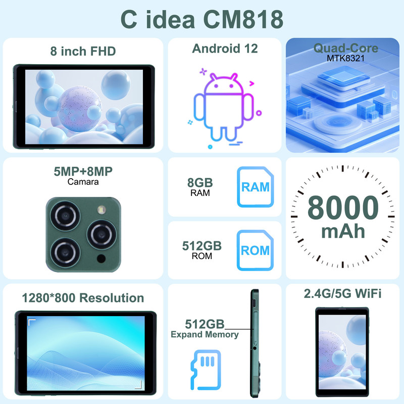 C 아이디어 8인치 안드로이드 태블릿 PC 안드로이드 12 운영 체제 쿼드 코어 CPU 8GB 램 512GB 스토리지 IPS HD 디스플레이 CM818-녹색