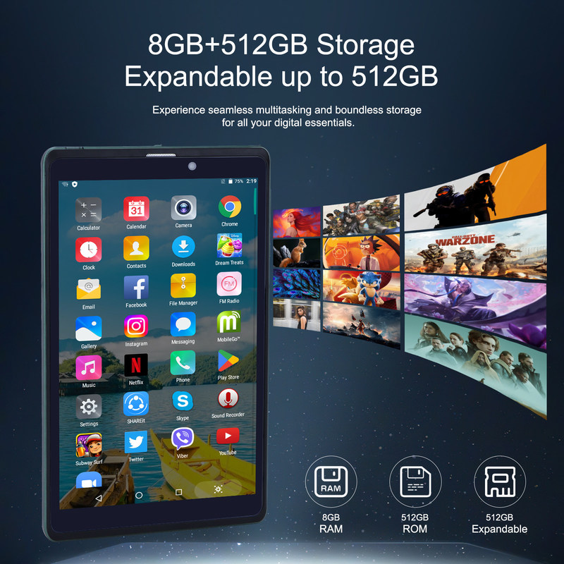 C 아이디어 8인치 안드로이드 태블릿 PC 안드로이드 12 운영 체제 쿼드 코어 CPU 8GB 램 512GB 스토리지 IPS HD 디스플레이 CM818-녹색