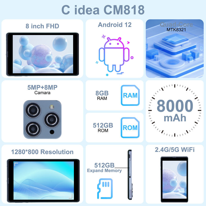C 아이디어 안드로이드 태블릿 PC 듀얼 카메라 8인치 1280x800 IPS HD 디스플레이 학생용 안드로이드 12 태블릿 CM818 회색
