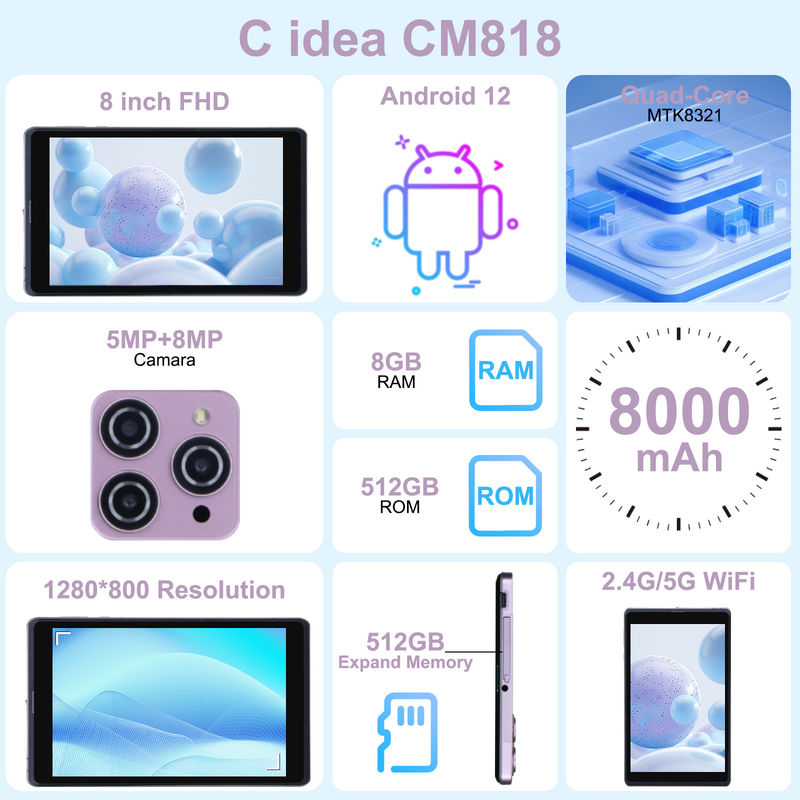C 아이디어 8인치 안드로이드 12 태블릿 8000mAh 배터리 5+8MP 카메라 8GB 램 512GB 롬 교육 학습 CM818-핑크