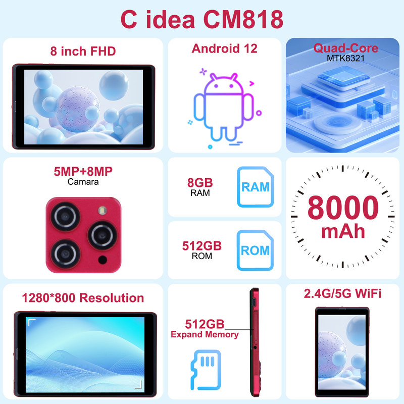 C 아이디어 8인치 안드로이드 12 태블릿 8GB 램 512GB 롬 8000mAh 배터리 5+8MP 학생용 카메라