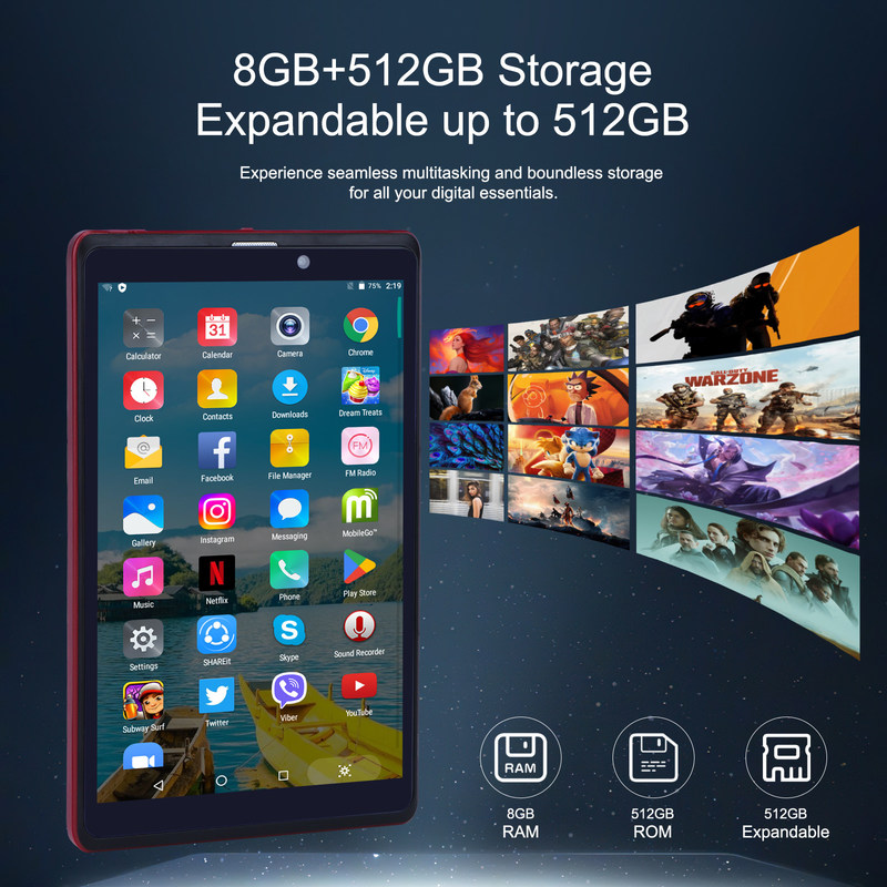 C 아이디어 8인치 안드로이드 12 태블릿 8GB 램 512GB 롬 8000mAh 배터리 5+8MP 학생용 카메라