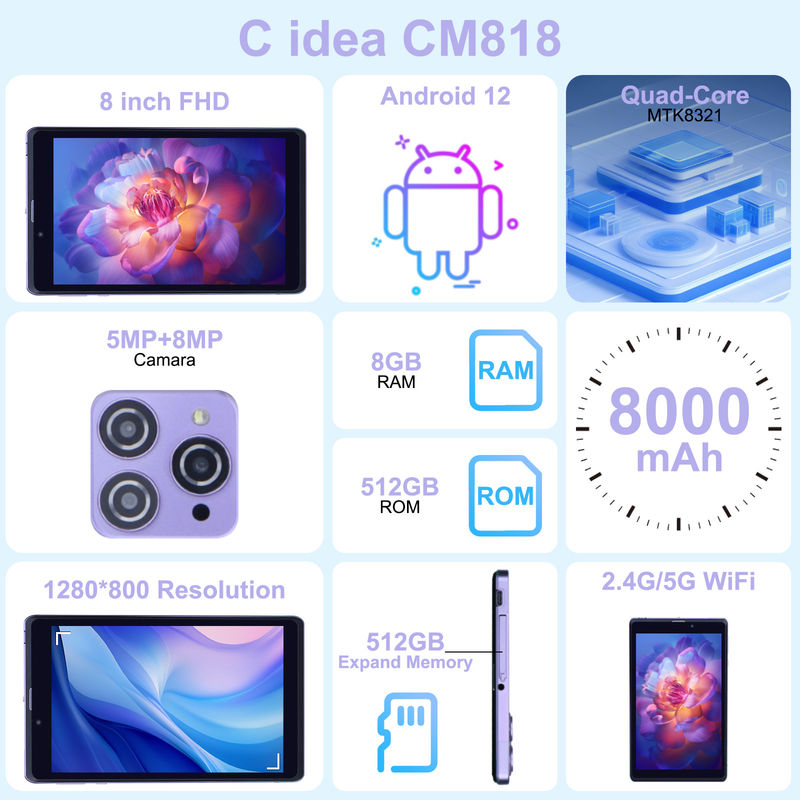 C 아이디어 휴대용 8 안드로이드 태블릿 PC 8GB 램 512 GB 안드로이드 12 태블릿 IPS HD 디스플레이 쿼드 코어 CM818 보라색