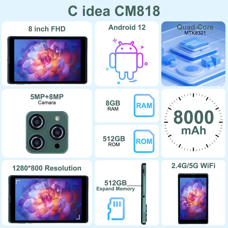 C 아이디어 휴대용 8인치 안드로이드 태블릿 PC 안드로이드 12 쿼드 코어 CPU 8GB 램 512GB 스토리지 IPS HD 디스플레이 CM818-녹색