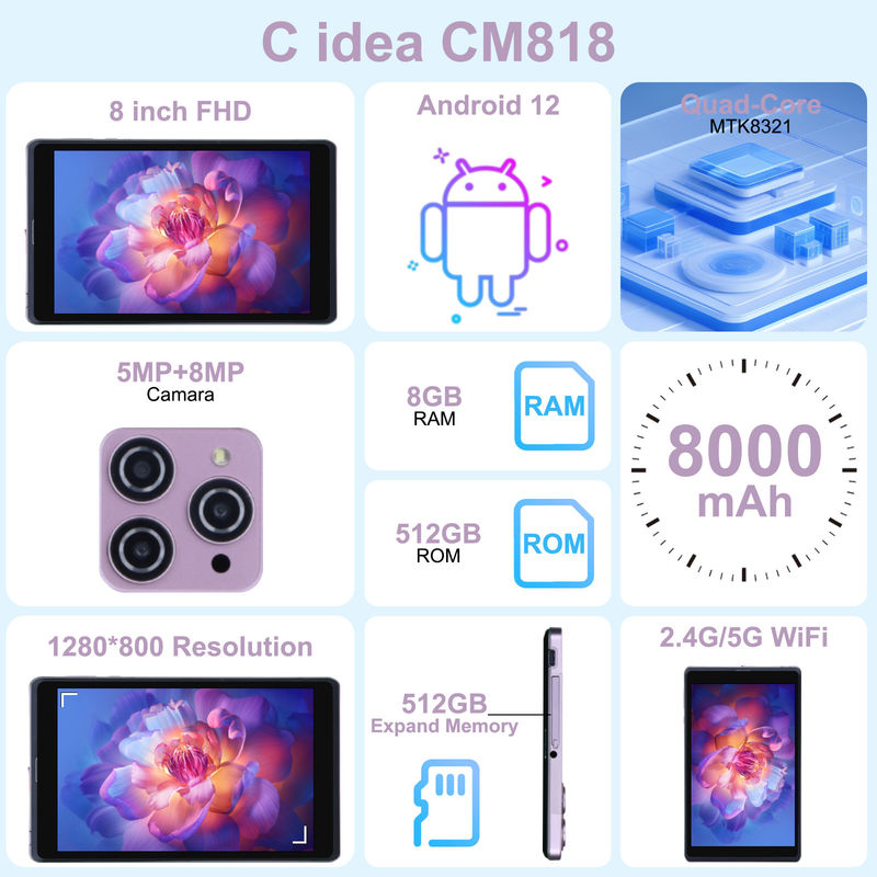 C 아이디어 8인치 안드로이드 12 태블릿 8000mAh 배터리 5MP+8MP 카메라 8GB 램 512GB 롬 교육 학습용 CM818-핑크