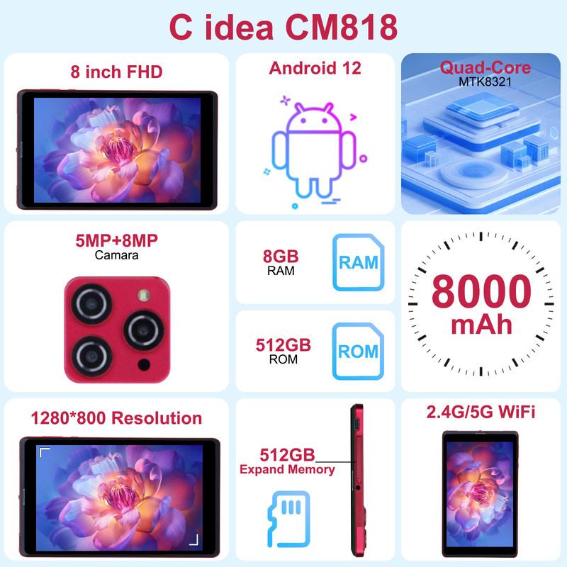 C 아이디어 8인치 안드로이드 12 태블릿 8GB 램 512GB 롬 8000mAh 배터리 5+8MP 10대용 카메라