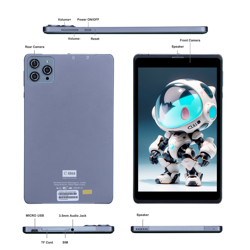 C 아이디어 안드로이드 태블릿 PC 듀얼 카메라 8인치 1280x800 IPS HD 디스플레이 십대용 안드로이드 12 태블릿 CM818 회색