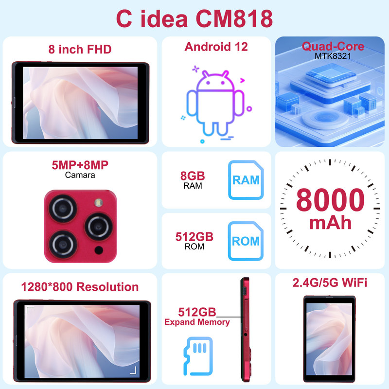 C 아이디어 8인치 안드로이드 12 태블릿 8GB 램 512GB 롬 8000mAh 배터리 5+8MP 학생용 카메라