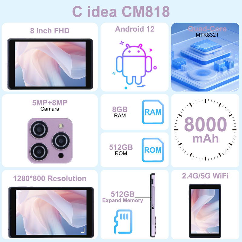 C 아이디어 8인치 안드로이드 12 태블릿 8000mAh 배터리 5+8MP 카메라 8GB 램 512GB 롬 교육 학습 CM818-핑크
