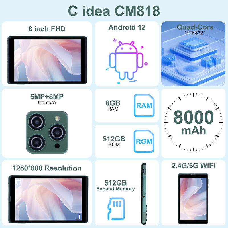 C 아이디어 8인치 안드로이드 태블릿 PC 안드로이드 12 운영 체제 쿼드 코어 CPU 8GB 램 512GB 스토리지 IPS HD 디스플레이 CM818-녹색