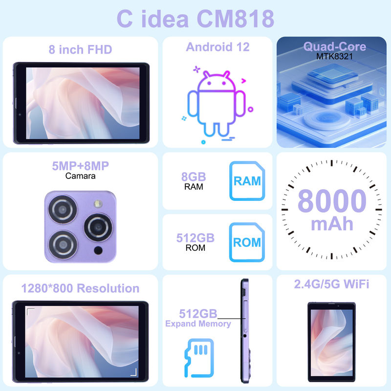 C 아이디어 휴대용 8 안드로이드 태블릿 PC 8GB 램 512 GB 안드로이드 12 태블릿 IPS HD 디스플레이 쿼드 코어 CM818 보라색