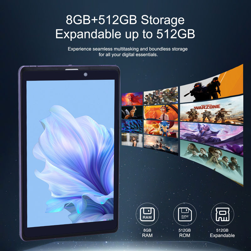 C 아이디어 휴대용 8 안드로이드 태블릿 PC 8GB 램 512 GB 안드로이드 12 태블릿 IPS HD 디스플레이 쿼드 코어 CM818 보라색