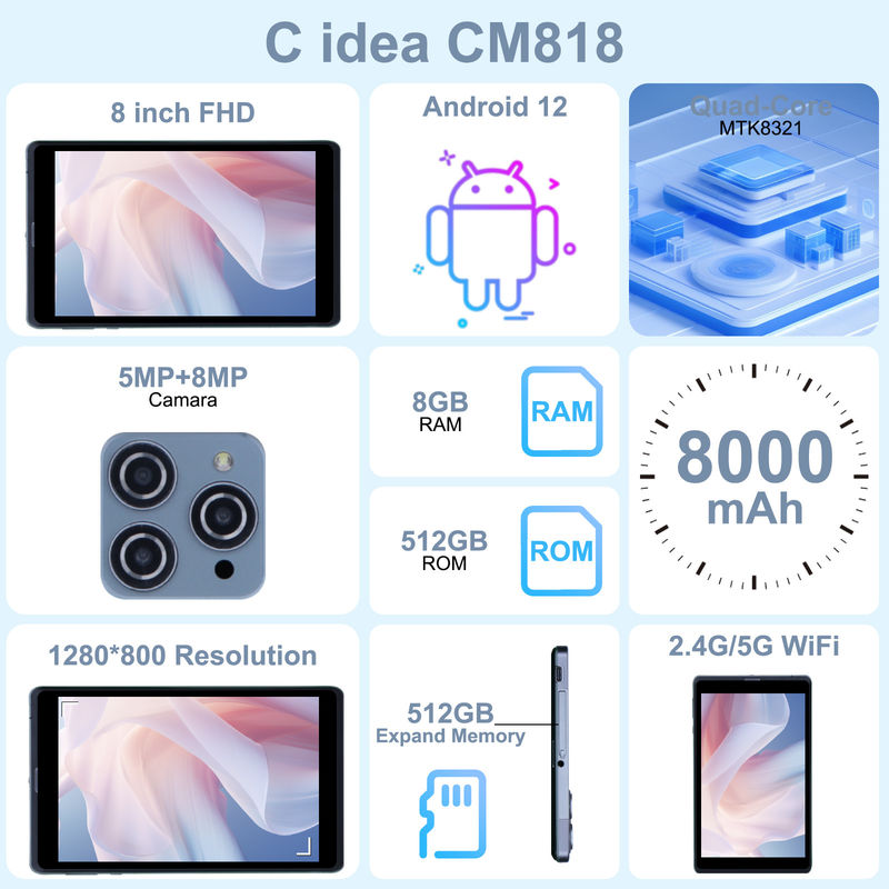 C 아이디어 안드로이드 태블릿 PC 듀얼 카메라 8인치 1280x800 IPS HD 디스플레이 학생용 안드로이드 12 태블릿 CM818 회색
