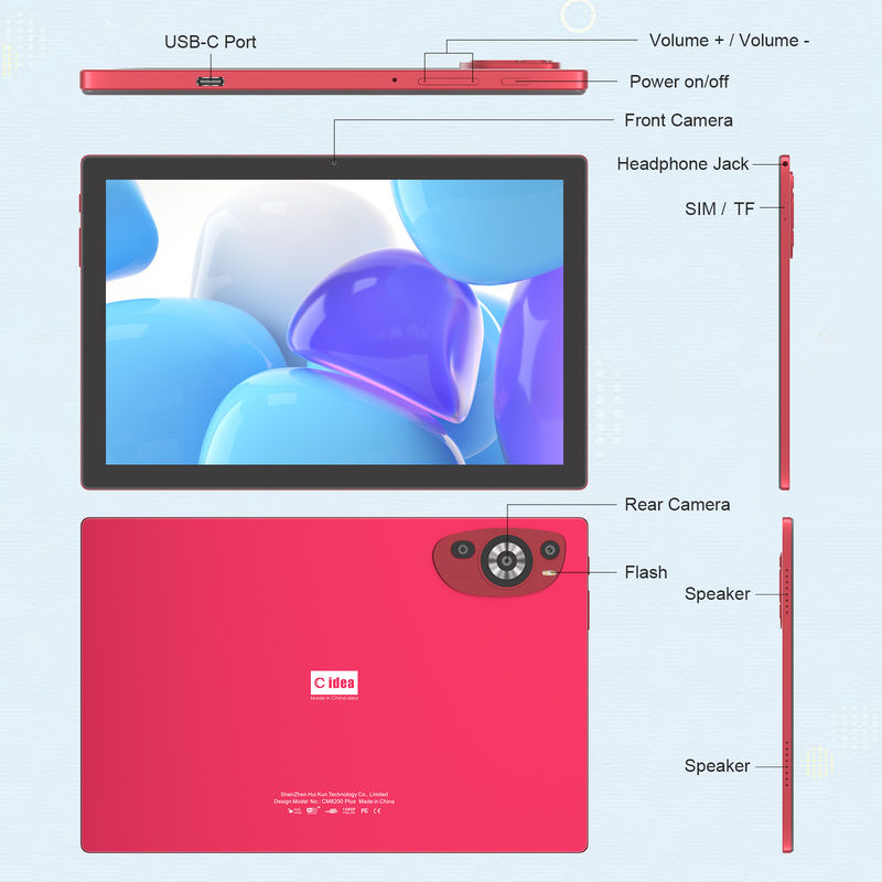 C 아이디어 10.1 인치 안드로이드 14 스마트 태블릿 PC와 함께 심 지원 청소년 CM8200Plus 빨간색