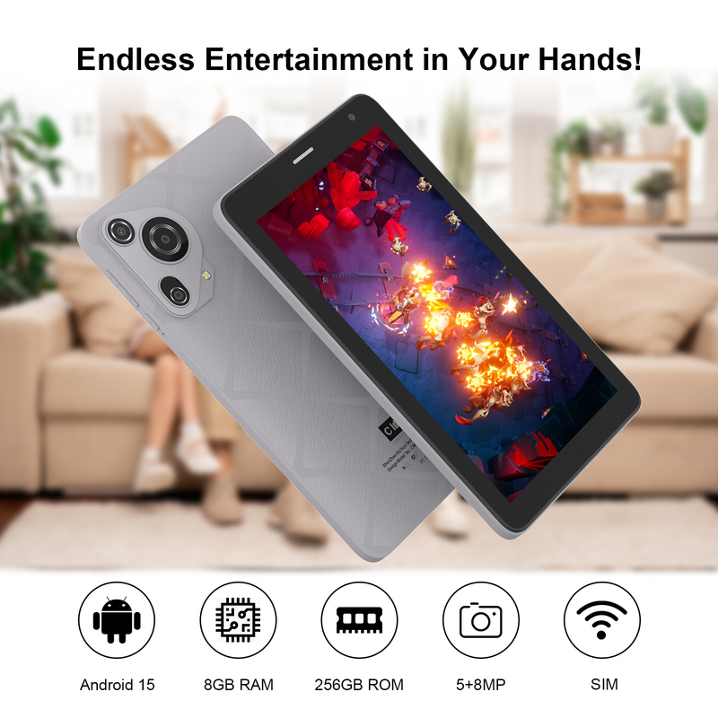 C idea 7인치 와이파이 태블릿 (케이스 포함) 8+256GB 저장 공간 쿼드 코어 프로세서 600x1024 IPS 터치스크린 CM528 그레이