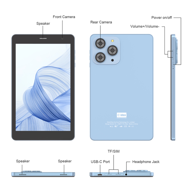 C 아이디어 8인치 와이파이 태블릿 8+512GB 스토리지 쿼드 코어 프로세서 800x1280 IPS 터치 스크린 블루 CM817 프로