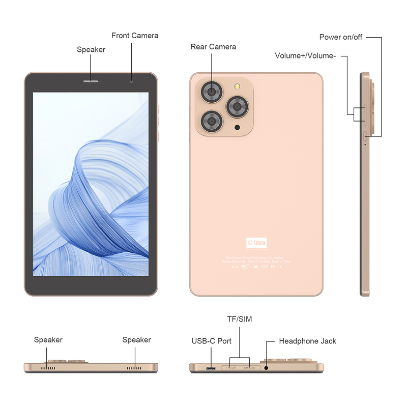 C 아이디어 8인치 와이파이 태블릿 8+512GB 스토리지 쿼드 코어 프로세서 800x1280 IPS 터치 스크린 골든 CM817 프로