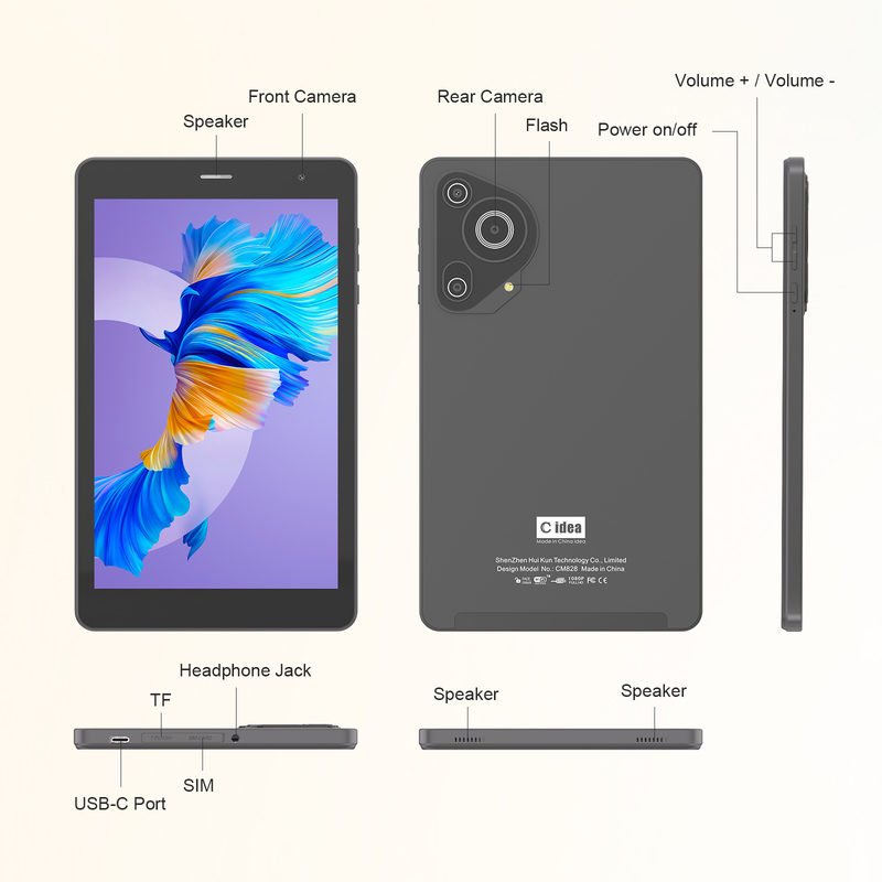 C idea Youth 8인치 태블릿 안드로이드 15, 블랙 라이트 스크린, Wi-Fi, 8GB + 512GB, 800*1280 IPS incell CM828